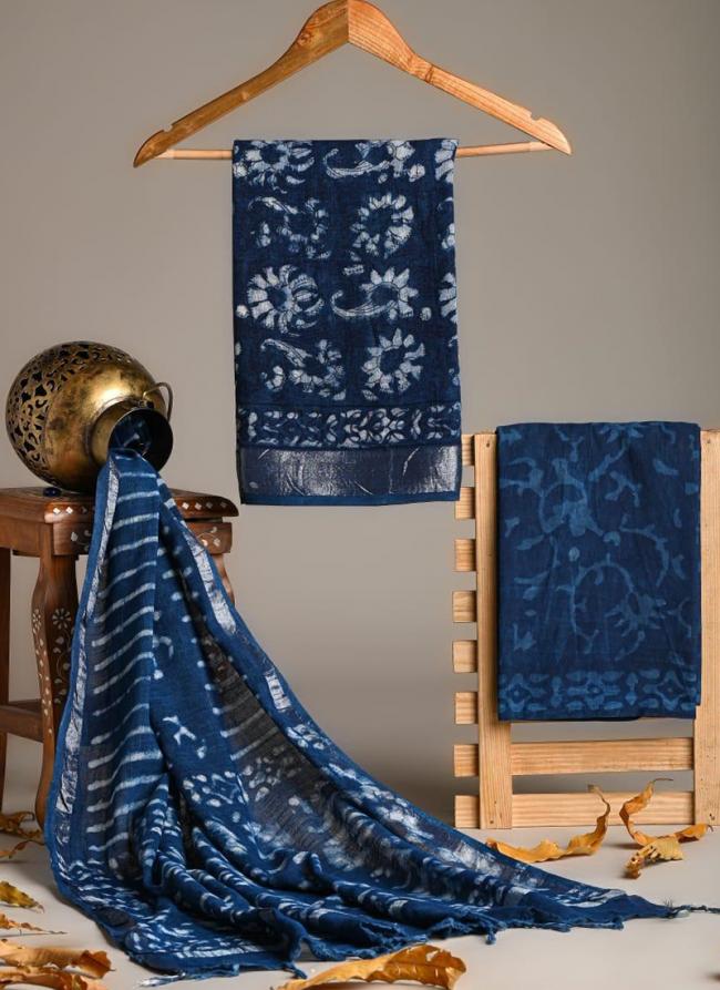 Linen Cotton Dark Blue Casual Wear Printed Salwar Suit